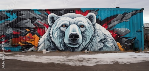 polar bear with colorful graffiti on the wall. Street art concept.