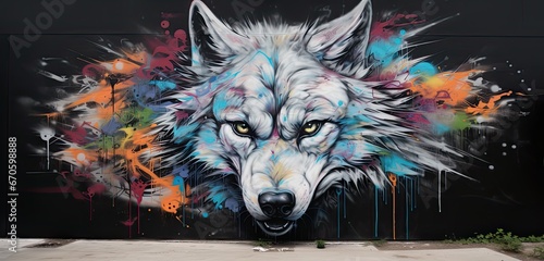 wolf with colorful graffiti on the wall. Street art concept.