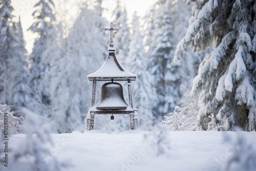 A solitary church bell, cloaked in a blanket of fresh snow, stands as a beacon of faith amidst the serene winter landscape on Christmas Eve © aicandy
