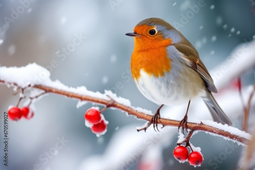 A Charming Robin Perched on a Snow-Covered Branch, Adding a Touch of Vibrant Red to the Serene White Christmas Landscape © aicandy