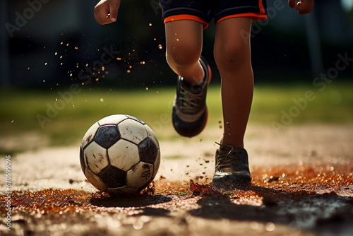 child leg shoot football on a field