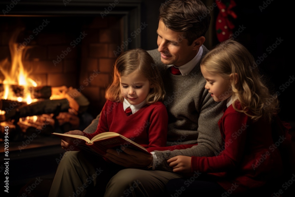 A Heartwarming Scene of a Loving Father Engrossed in Reading Christmas Stories to His Excited Children, Illuminated by the Warm Glow of the Fireplace