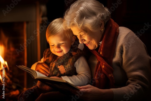 A Heartwarming Scene of a Grandmother and her Grandchild, Sharing a Christmas Book by the Warm Glow of the Fireplace on a Cold Winter's Night