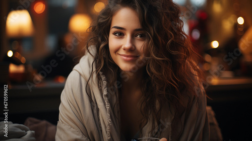 A smiling girl in a cozy warm room, dressed in warm home clothes