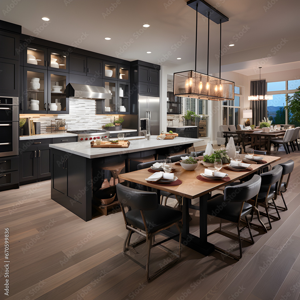 A spacious, open kitchen with state-of-the-art appliances, a central prep island, and casual dining areas.  3D render illustration.