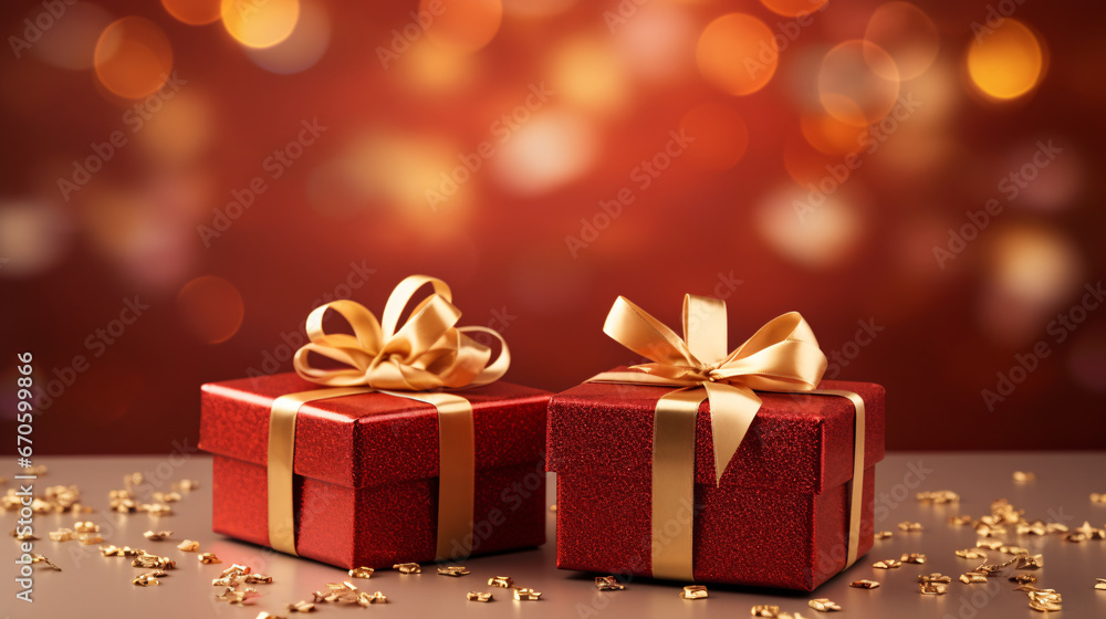 a red color two Christmas gift boxes with gold ribbon and glitter or confetti in a decorative Christmas bokeh background, a Christmas realistic gift box on a red background a red color two Christmas gift boxes with gold ribbon and glitter or confetti in a decorative Christmas bokeh background, a Christmas realistic gift box on a red background