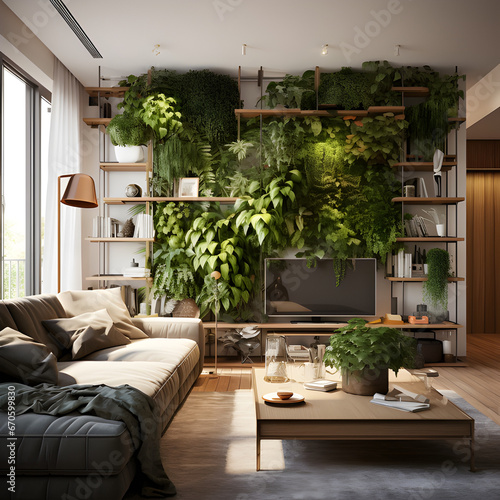 Small city apartment into a green oasis with living walls, sustainable furniture and a color palette inspired by nature. 3D render illustration.