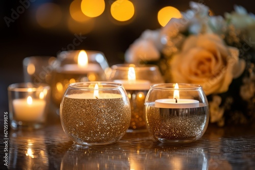 A Close-up View of Warm, Flickering Candles Burning Brightly Amidst Sparkling New Year's Decorations, Signifying Hope and Celebration