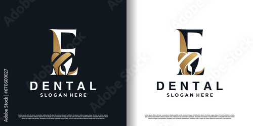 dental logo design vector with letter e concept premium vector