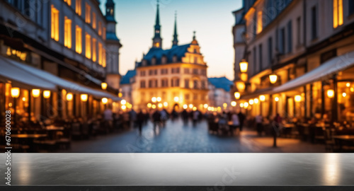  tabletop in focus with a soft bokeh of city's historic center; suitable for high-end product showcases.