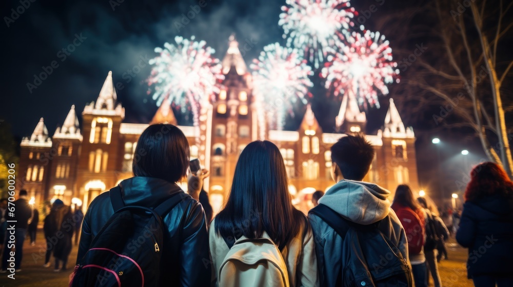 A group of students happily celebrates the New Year. In the background is a college building with colorful fireworks.