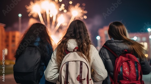 A group of students happily celebrates the New Year. In the background is a college building with colorful fireworks.