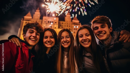 A group of smiling students look at the camera to celebrate the new year happily. In the background is a college building with colorful fireworks. © somchai20162516