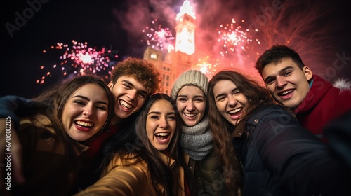 A group of smiling students look at the camera to celebrate the new year happily. In the background is a college building with colorful fireworks.