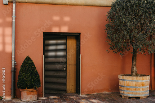 Facade of a modern house with a gray front door and potted flowers. Old historic Italian architecture. Traditional European old town building. Blue wooden door, balcony, blooming bush, pastel walls