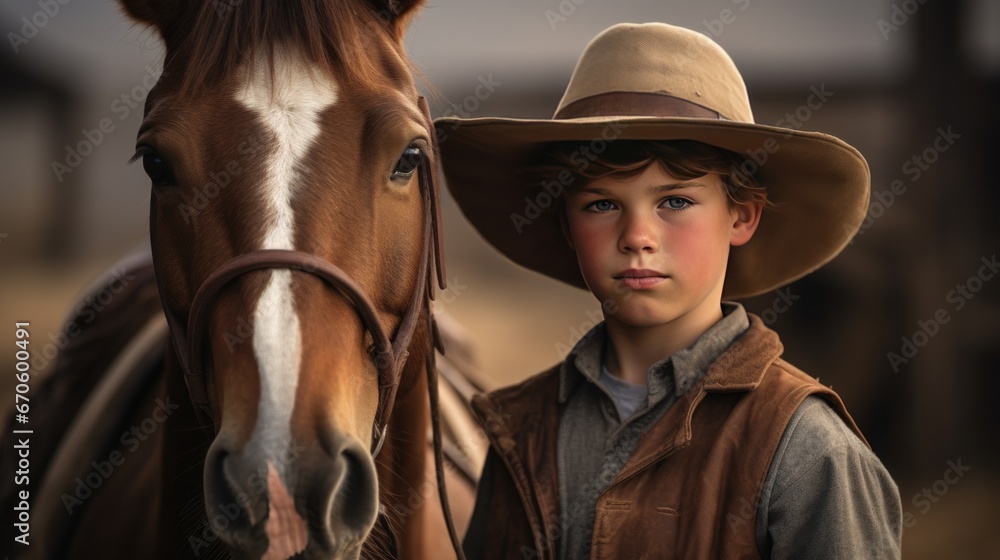 Fototapeta premium A young cowboy wearing a hat and a horse stands looking at the camera