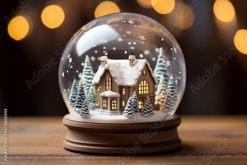 A Detailed Close-Up View of a Snow Globe s Interior  Showcasing a Miniature Winter Wonderland Scene with Snow-Covered Trees and a Tiny House on New Year s Eve