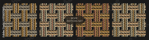 Set of seamless patterns with interwoven ropes. Mat, rug with traditional basket weave with three cords. Burlap weave. Vintage style. Not AI