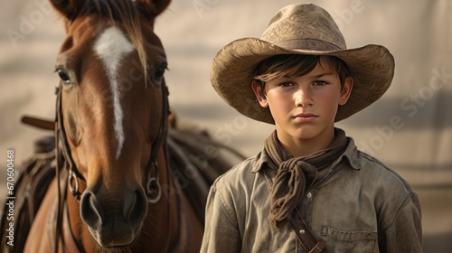 A young cowboy wearing a hat and a horse stands looking at the camera