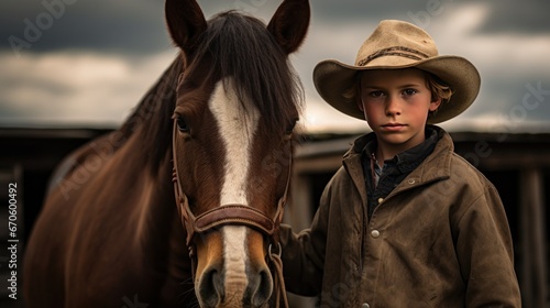 A young cowboy wearing a hat and a horse stands looking at the camera