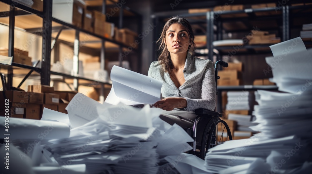 Businesswoman sitting in a wheelchair rejecting a new idea with a lot of documents Businesswoman sitting in a wheelchair rejecting a new idea with a lot of documents