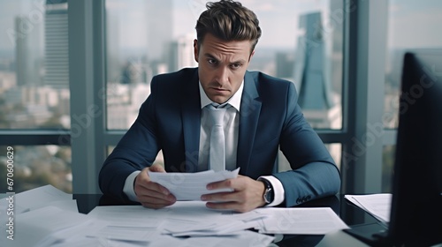 A businessman wearing a ring is dissatisfied with all the documents on the table in the office and there are too many problems in the background of a tall building.