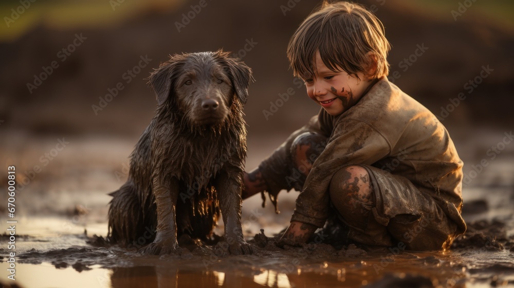 Child playing with dog in the mud - obrazy, fototapety, plakaty 