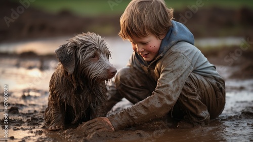 Child playing with dog in the mud