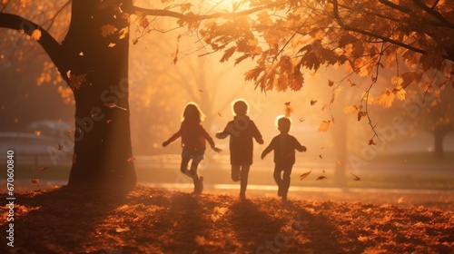 Children running and playing in the orange trees Red-brown maple leaves in the park in autumn