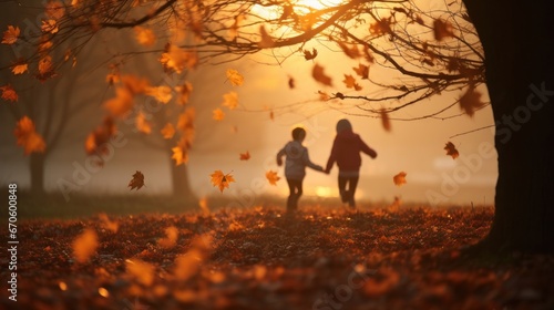 Children running and playing in the orange trees Red-brown maple leaves in the park in autumn