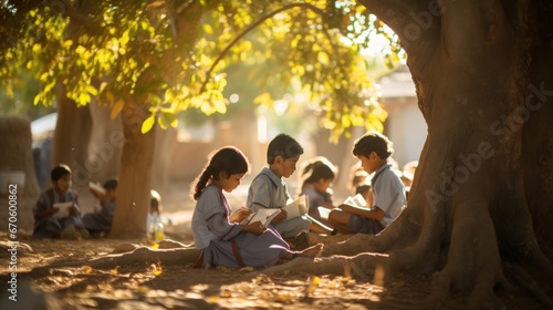 Children sit and read outside under a big tree with the sun shining on them. © somchai20162516