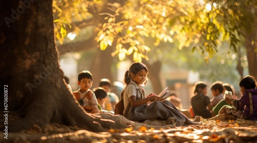 Children sit and read outside under a big tree with the sun shining on them. © somchai20162516
