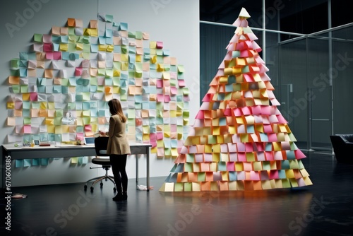 A Unique and Creative Christmas Tree Made Entirely of Colorful Sticky Notes, Bringing a Festive and Innovative Touch to the Holiday Season photo