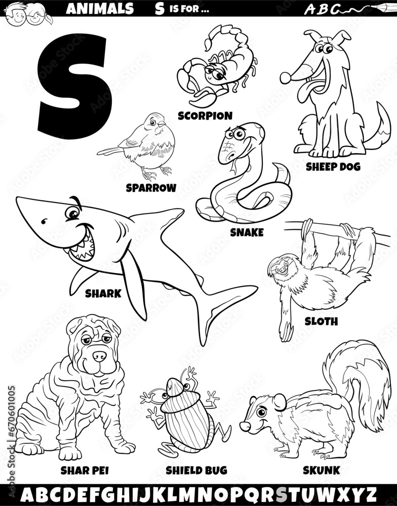 cartoon animal characters for letter S set coloring page