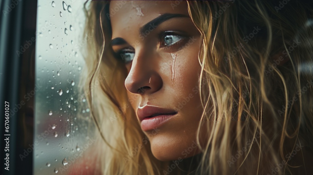 Beautiful young woman in the car looking out the window wet with raindrops