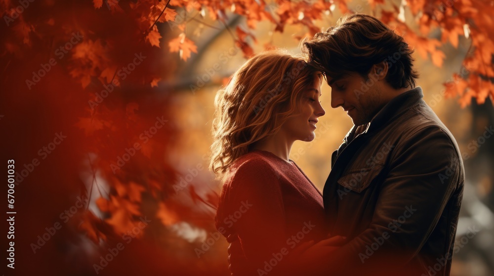 Couple hugging in autumn park with light red maple leaves falling from the trees. Couple hugging in autumn park with light red maple leaves falling from the trees.