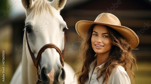 Cowboy. Beautiful young woman wearing a hat and a horse stands smiling. © somchai20162516