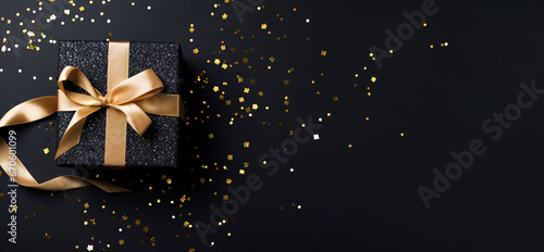 Christmas black gift box with a gold ribbon, golden glittering, or sparkles on a black background copy space for text