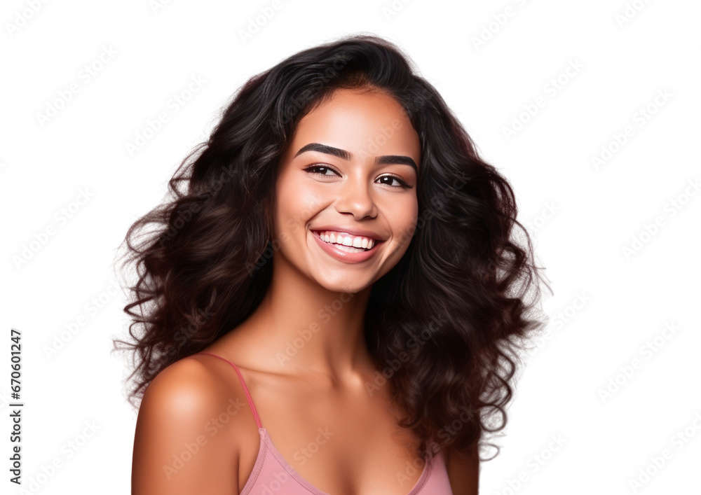 Portrait of a beautiful young latin woman smiling. Pretty model girl isolated background
