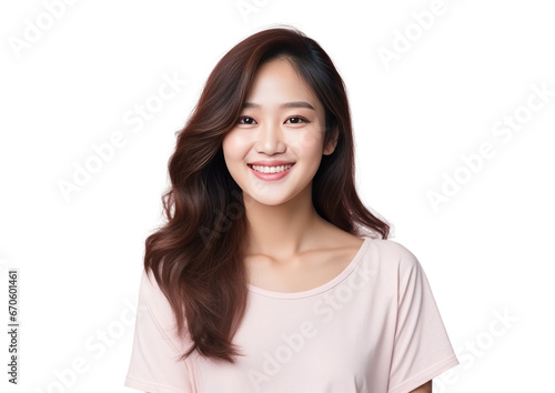 Portrait of a beautiful young Asian woman smiling. Pretty model girl isolated background