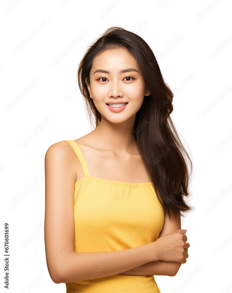 Portrait of a beautiful young Asian woman smiling. Pretty model girl isolated background
