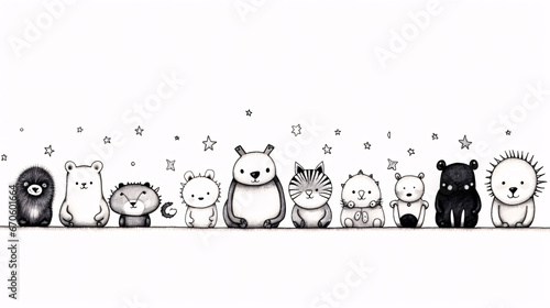 Playful Black and White Animals with Stars and Hearts of Horizontal Arrangement on White Background. © Akash