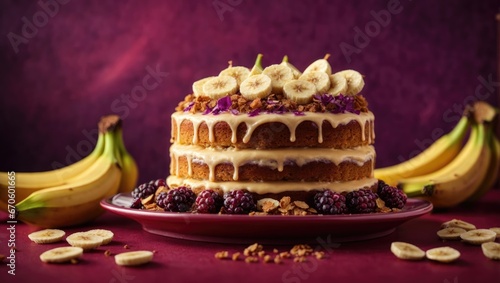 Bake banana cake on red violet background, cake with candle, cake with almonds, cake with almonds and chocolate, piece of chocolate cake, piece of chocolate cake with cherries
