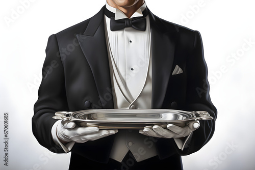Eleganter Butler im Frack mit Silbertabeltt, Dienen, Restaurant, Kellner/Ober, erstellt mit generativer KI