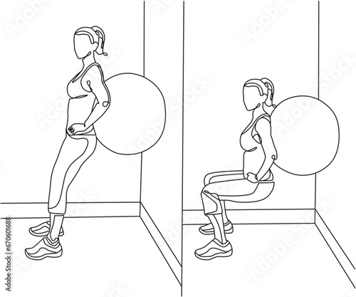 Swiss Ball Squats exercise Line Drawing isolated on copy space white background, Wall Squat With Stability Ball exercise editable vector illustration, Continuous one line drawing, work out clip art