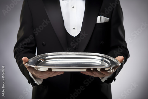 Eleganter Butler im Frack mit Silbertabeltt, Dienen, Restaurant, Kellner/Ober, erstellt mit generativer KI