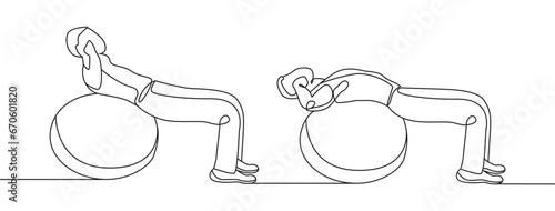 Swiss Ball Crunch exercise Line Drawing isolated on copy space white background, Stability Ball Crunches exercise editable vector illustration, Continuous one line drawing, Ab crunch exercise line art