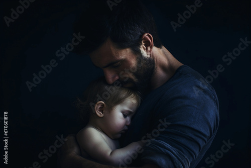 A father lovingly holds her newborn baby. in your arms