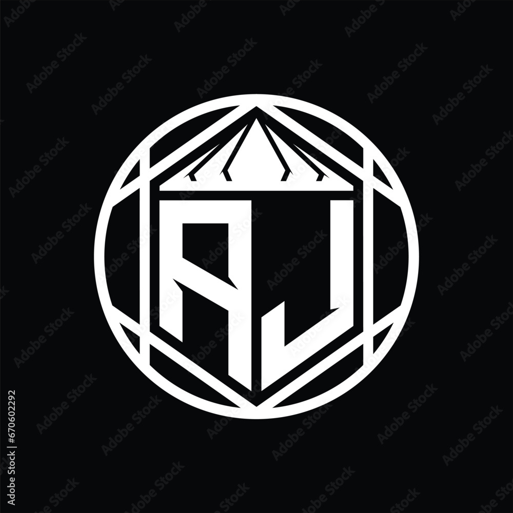 AJ Letter Logo monogram hexagon slice crown sharp shield shape isolated circle abstract style design AJ Letter Logo monogram hexagon slice crown sharp shield shape isolated circle abstract style design