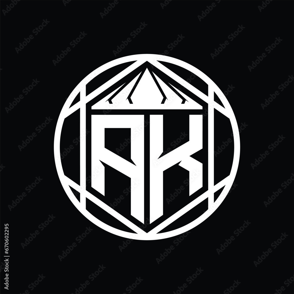 AK Letter Logo monogram hexagon slice crown sharp shield shape isolated circle abstract style design AK Letter Logo monogram hexagon slice crown sharp shield shape isolated circle abstract style design